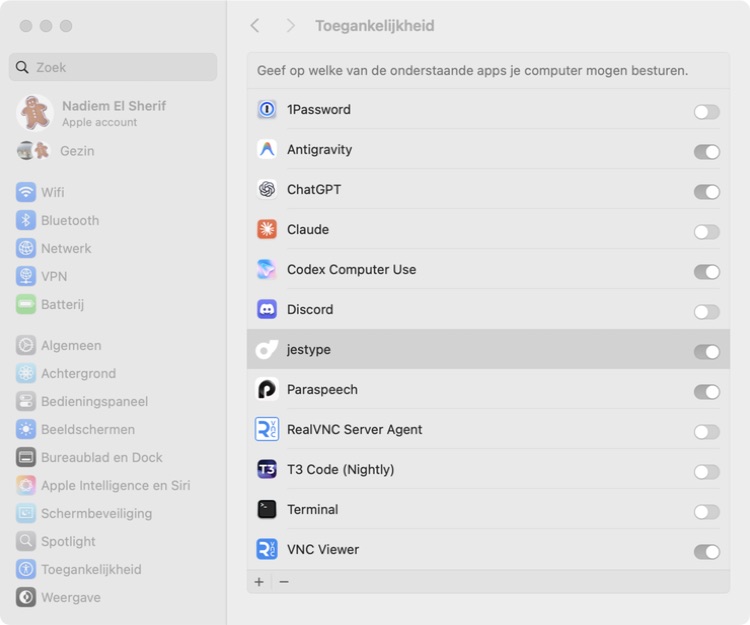 macOS Accessibility settings with JesType selected and the remove button visible
