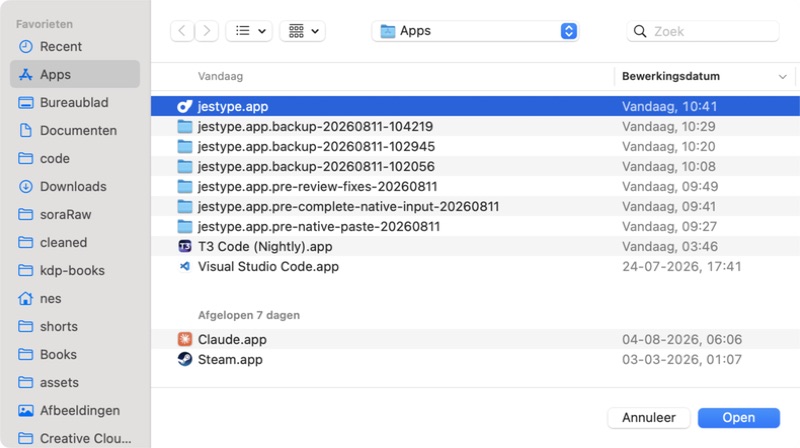 macOS file picker with jestype.app selected in Applications