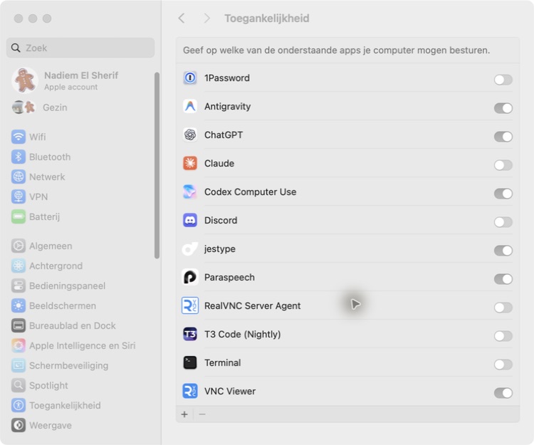 macOS Accessibility settings with the restored JesType entry enabled